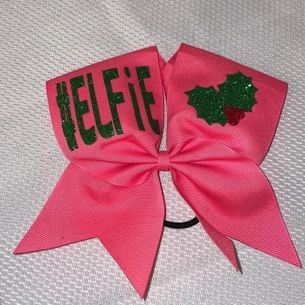 girls hair bow Elfie Christmas holiday cheer pink